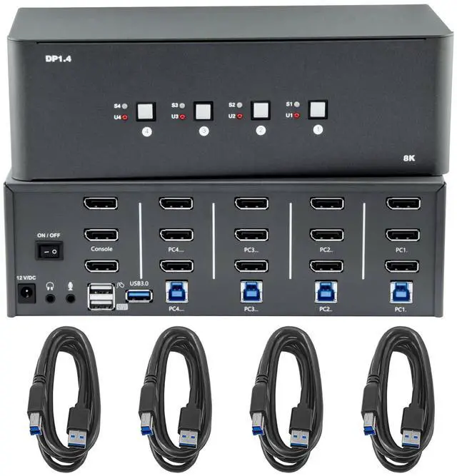 Main image of KVM Switch 3 Monitors 4 Computers, 8k Displayport Switch with USB 3.0 Cable, Jack, 4 Computers Share a Set of Keyboard, Mouse, Support Windows/Mac/Linux (Triple Monitor)