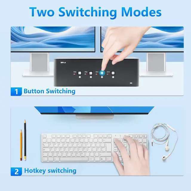 Alt view image 5 of 5 - KVM Switch 3 Monitors 4 Computers, 8k Displayport Switch with USB 3.0 Cable, Jack, 4 Computers Share a Set of Keyboard, Mouse, Support Windows/Mac/Linux (Triple Monitor)
