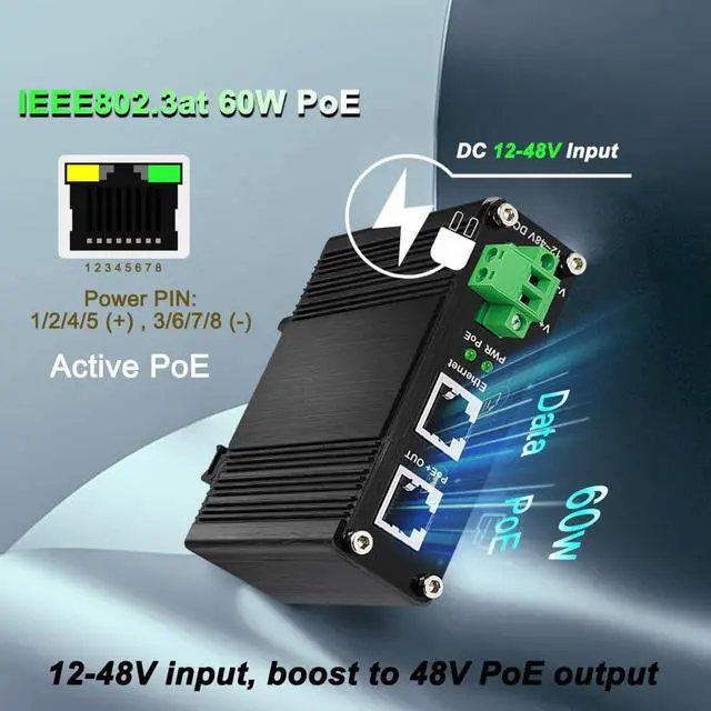 Alt view image 2 of 5 - Industrial 60W PoE Injector, Hardened Gigabit PoE+ Injector IEEE802.3at 60W 48V PoE Adapter Power Over Ethernet with 12-48V DC Input DIN Rail Mount