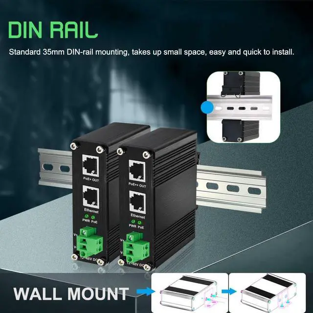 Alt view image 4 of 5 - Industrial 60W PoE Injector, Hardened Gigabit PoE+ Injector IEEE802.3at 60W 48V PoE Adapter Power Over Ethernet with 12-48V DC Input DIN Rail Mount