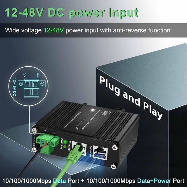 Alt view image 3 of 5 - Industrial 60W PoE Injector, Hardened Gigabit PoE+ Injector IEEE802.3at 60W 48V PoE Adapter Power Over Ethernet with 12-48V DC Input DIN Rail Mount