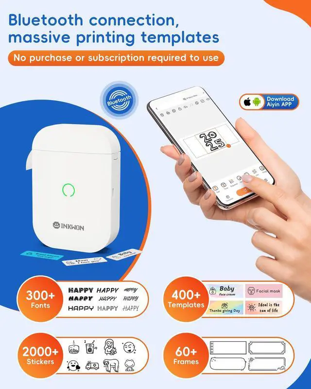 Alt view image 2 of 5 - InkWon Label Maker Machine with 3 Tapes, D11s Bluetooth Label Maker Waterproof Labels, Portable Mini Label Printer with Various Templates for Home Office School, White