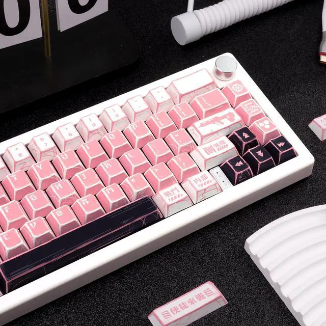 Alt view image 4 of 5 - TIMSEKER 137-Key Manga Anime Keycaps Set, Pink White PBT Keycaps Cherry Profile, Dye-Sub Custom Hand-Drawn Design, Compatible with ANSI Layout Mechanical Keyboards