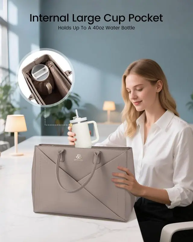 Alt view image 2 of 5 - LOVEVOOK Laptop Tote Bag for Women with Large Cup Holder, 15.6 Inch PU Leather Work Bag Teacher Tote Bag, Waterproof Computer Bags Business Office Briefcase Handbag