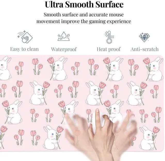 Alt view image 4 of 5 - Idocolors Pink Bunny Tulip Desk Mat, Cute Extended Gaming Keyboard Mouse Pad, Large Office Desk Cover Mat Pad Deskmat, Non-Slip Leather Home Office Desk Mat Protector 31.5"×15.7"