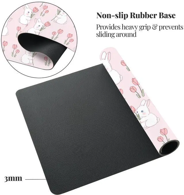 Alt view image 5 of 5 - Idocolors Pink Bunny Tulip Desk Mat, Cute Extended Gaming Keyboard Mouse Pad, Large Office Desk Cover Mat Pad Deskmat, Non-Slip Leather Home Office Desk Mat Protector 31.5"×15.7"