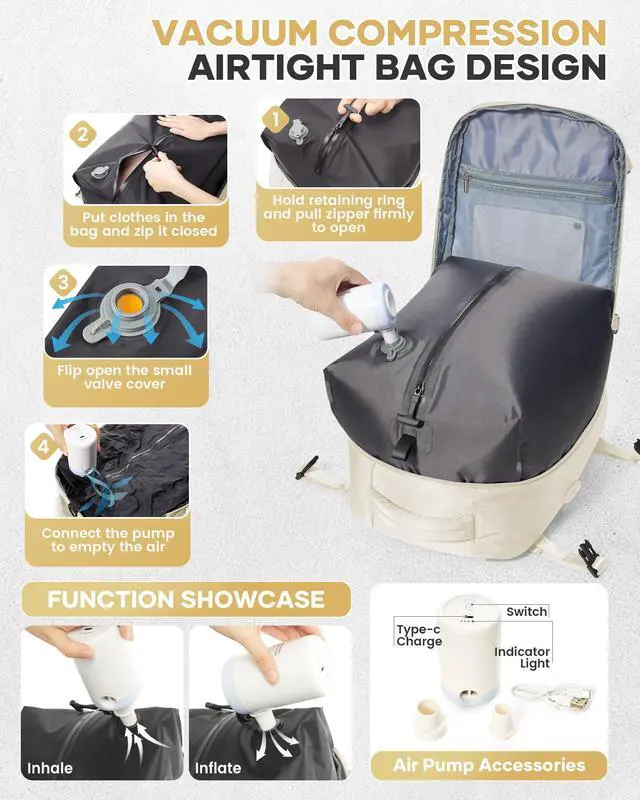 Alt view image 2 of 5 - Vacuum Travel Backpack with Air Pump 18x14x8 inches Laptop Personal Item Carry on Flight Approved Compression Vacuum seal Travel Essentials Backpack Space Saver Bags Storage Men mochila de viaje Beige