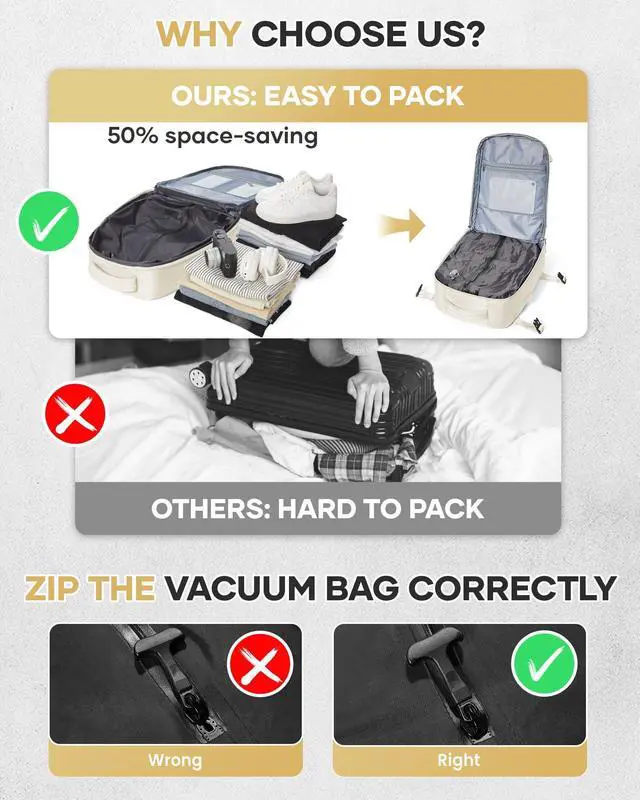 Alt view image 3 of 5 - Vacuum Travel Backpack with Air Pump 18x14x8 inches Laptop Personal Item Carry on Flight Approved Compression Vacuum seal Travel Essentials Backpack Space Saver Bags Storage Men mochila de viaje Beige