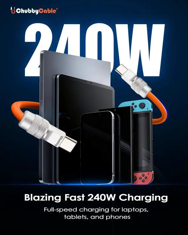 Alt view image 3 of 5 - chubbycable Cute Chubby 240W Short USB-C Cable Power Bank Fast Charging Cable Silicone Charger Cord Compatible with iPhone 17-15 Series iPad, Blue, Type-C to Type-C, 20 inch