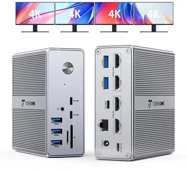 Main image of TobenONE DisplayLink Docking Station 4 Monitor with 4 HDMI, 18-in-1 Quad/Triple 4K@60Hz Display Dock with 120W Power Supply for Thunderbolt 5/4/3, USB4, USB-C Windows, MacBook(8 USB, Ethernet, etc)