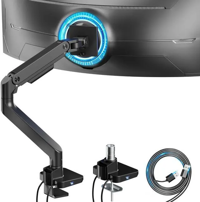 Main image of ARES WING Ultrawide Monitor Arm with USB A/C, for 17 to 49 inch Heavy Duty Screen, Holds 44 lbs, Adjustable Gas Spring Arm Desk Mount with Clamp and Grommet Base, Black