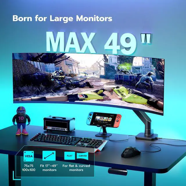 Alt view image 3 of 5 - ARES WING Ultrawide Monitor Arm with USB A/C, for 17 to 49 inch Heavy Duty Screen, Holds 44 lbs, Adjustable Gas Spring Arm Desk Mount with Clamp and Grommet Base, Black