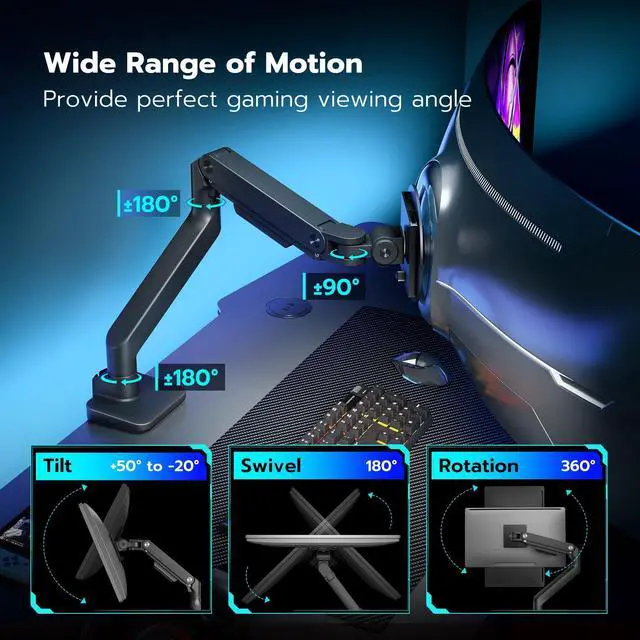 Alt view image 4 of 5 - ARES WING Ultrawide Monitor Arm with USB A/C, for 17 to 49 inch Heavy Duty Screen, Holds 44 lbs, Adjustable Gas Spring Arm Desk Mount with Clamp and Grommet Base, Black