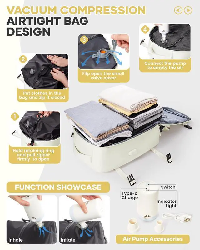 Alt view image 3 of 5 - VENATIN Vacuum Backpack Travel With Pump,Personal Item Travel Bag,Waterproof Seal Compression bags, Carry on Flight Approved Backpack Grey and whiteWith Air Pump