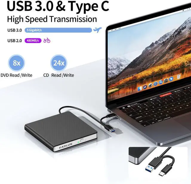 Alt view image 2 of 5 - External CD DVD Drive for Laptop USB 3.0 USB C CD Burner External DVD Drive Portable CD ROM Burner Reader Writer Drive External DVD Player for Laptop Desktop PC Windows 11/10/8/7 MacBook Mac OS Linux