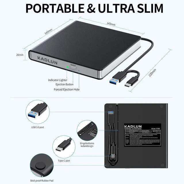 Alt view image 5 of 5 - External CD DVD Drive for Laptop USB 3.0 USB C CD Burner External DVD Drive Portable CD ROM Burner Reader Writer Drive External DVD Player for Laptop Desktop PC Windows 11/10/8/7 MacBook Mac OS Linux