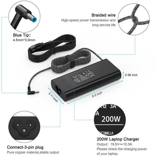 Alt view image 2 of 5 - 200W 19.5V 10.3A Laptop Charger Compatible with HP Omen Pavilion Gaming 15 16 17 15t 17t,ZBook Fury Create Studio 15 17 G3 G4 G5 G6 G7 G8 G9,L00818-850 TPN-DA10 L00895-003 AC Adapter Power Cord