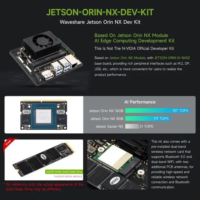Alt view image 3 of 5 - Waveshare Jetson Orin NX AI Development Kit for Embedded and Edge Systems, with 16GB Memory Jetson Orin NX Module