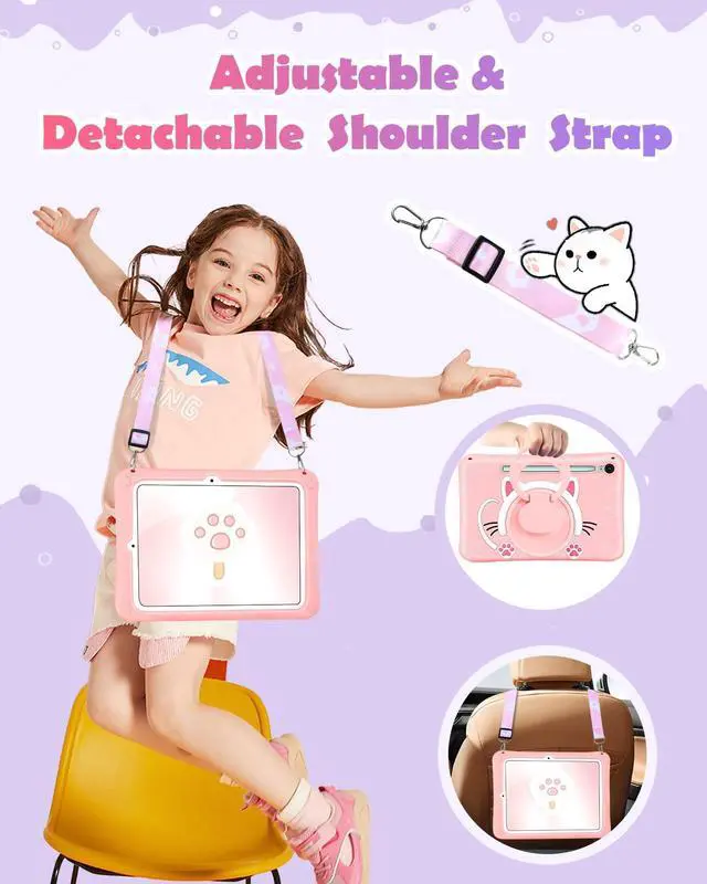 Alt view image 3 of 5 - Wazzasoft for Galaxy Tab S10 FE/S9 FE Case 10.9 Inch - Girls Cute Cat Kitten 3D Cartoon Women Soft Silicone Tablet Cover for Samsung Galaxy S9 FE with Rotating Stand & Strap Funda para Tab S10 FE 5G