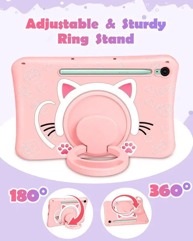 Alt view image 4 of 5 - Wazzasoft for Galaxy Tab S10 FE/S9 FE Case 10.9 Inch - Girls Cute Cat Kitten 3D Cartoon Women Soft Silicone Tablet Cover for Samsung Galaxy S9 FE with Rotating Stand & Strap Funda para Tab S10 FE 5G