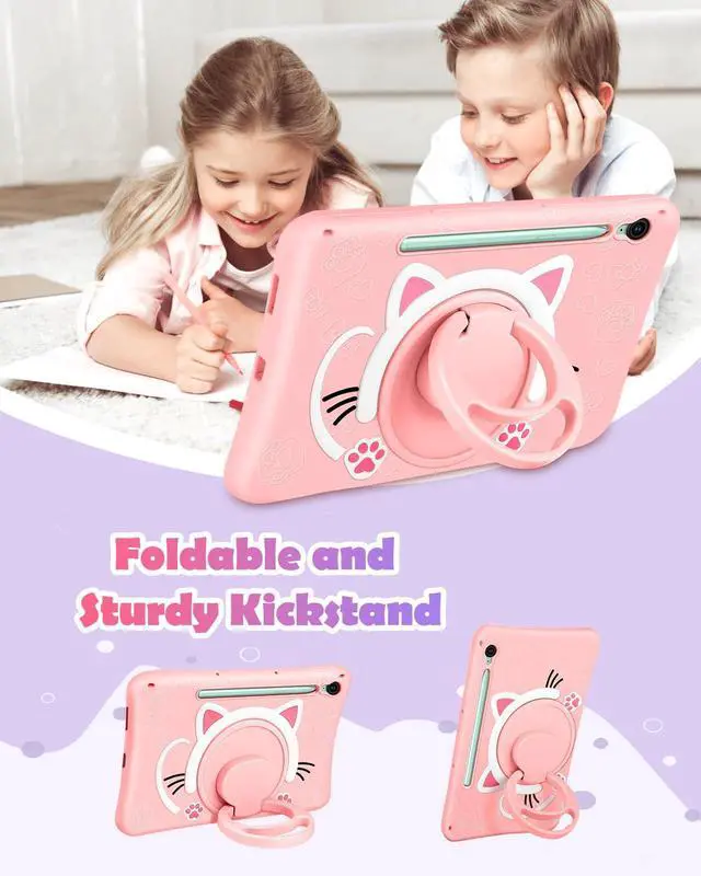 Alt view image 5 of 5 - Wazzasoft for Galaxy Tab S10 FE/S9 FE Case 10.9 Inch - Girls Cute Cat Kitten 3D Cartoon Women Soft Silicone Tablet Cover for Samsung Galaxy S9 FE with Rotating Stand & Strap Funda para Tab S10 FE 5G