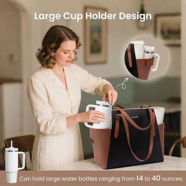 Alt view image 2 of 5 - LOVEVOOK Laptop Tote Bag for Women With Large Cup Holder, Leather Work Tote Bag for Women,17.3 Inch Professional Computer Briefcase Business Teacher Commuter Shoulder Bag,Office Travel Gift