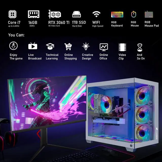 Alt view image 5 of 5 - STGAubron Gaming PC, GeForce RTX 3060 Ti 8G, Intel Core i7-8700 up to 4.6G, 16G DDR4, 1T SSD, 600M WiFi, BT 5.0, RGB Fan x7, Windows 11 Home, White