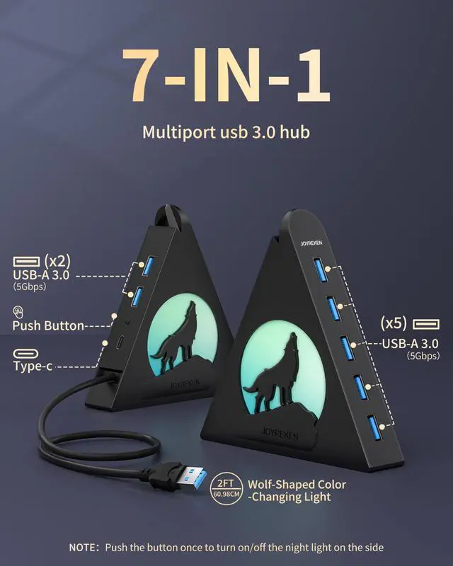 Alt view image 2 of 5 - JoyReken 7-Port USB 3.0 Hub, Vertical USB Hub Splitter with RGB Lighting,5Gbps High-Speed Data Transfer and 2FT Extension Cable, Compatible with PC, MacBook, Laptop, PS5, Xbox, Flash Drive, Printer