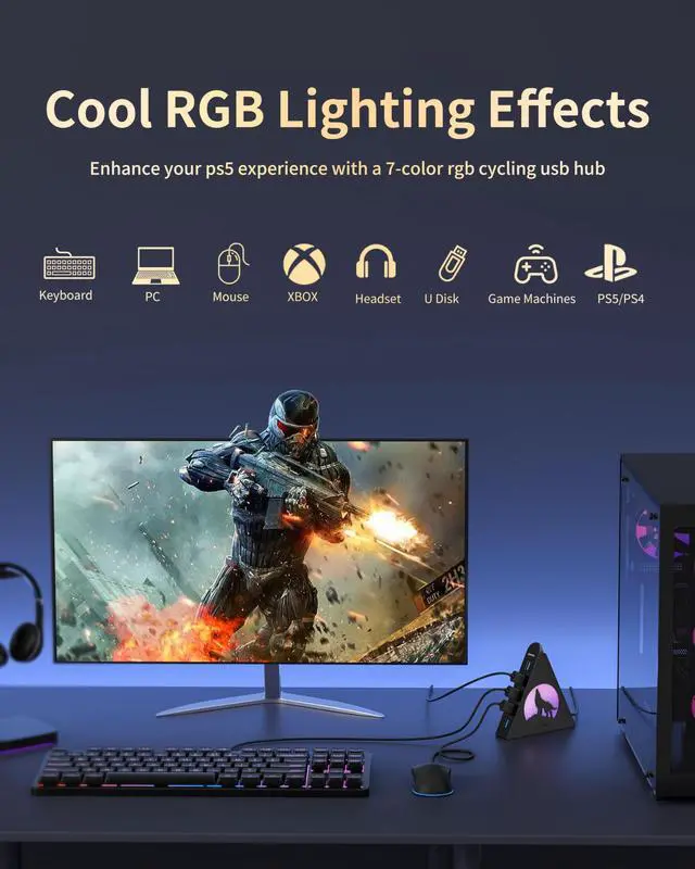 Alt view image 3 of 5 - JoyReken 7-Port USB 3.0 Hub, Vertical USB Hub Splitter with RGB Lighting,5Gbps High-Speed Data Transfer and 2FT Extension Cable, Compatible with PC, MacBook, Laptop, PS5, Xbox, Flash Drive, Printer