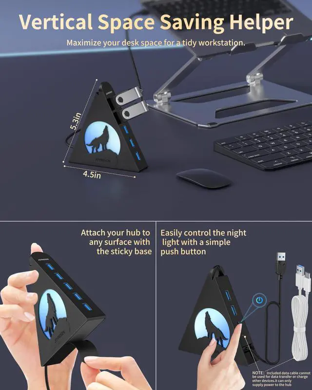 Alt view image 4 of 5 - JoyReken 7-Port USB 3.0 Hub, Vertical USB Hub Splitter with RGB Lighting,5Gbps High-Speed Data Transfer and 2FT Extension Cable, Compatible with PC, MacBook, Laptop, PS5, Xbox, Flash Drive, Printer