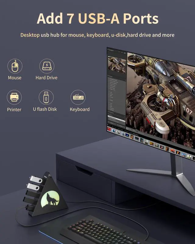 Alt view image 5 of 5 - JoyReken 7-Port USB 3.0 Hub, Vertical USB Hub Splitter with RGB Lighting,5Gbps High-Speed Data Transfer and 2FT Extension Cable, Compatible with PC, MacBook, Laptop, PS5, Xbox, Flash Drive, Printer