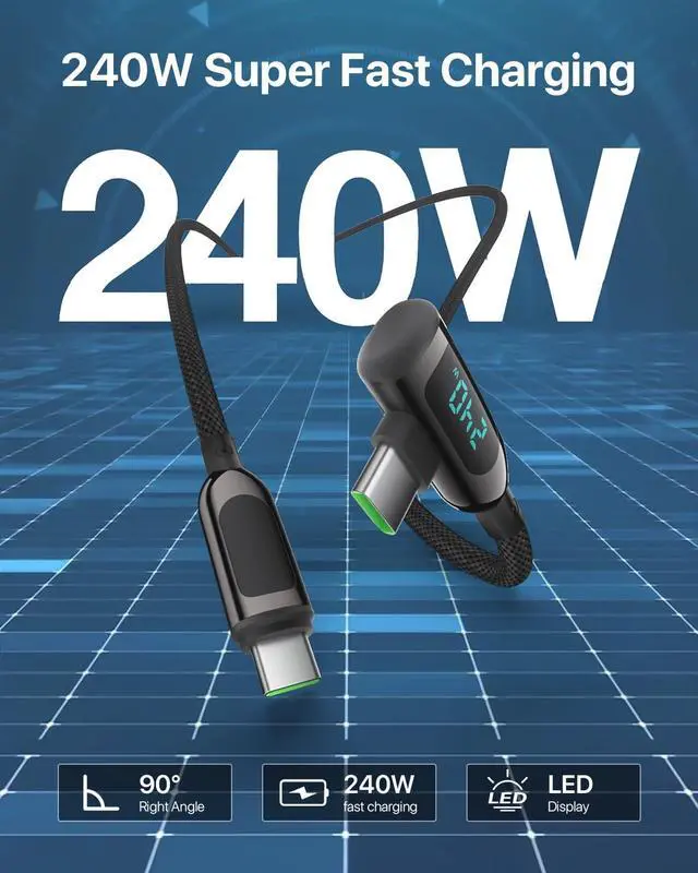 Alt view image 2 of 5 - VisionSync 240W Right Angle USB C to USB C Cable [6.6ft/2Pack],Nylon Braided Type C Fast Charging Cable with LED Display for lPhone 16/15 Pro Max, Galaxy S25/S24 Ultra, MacBook, Laptop,Black