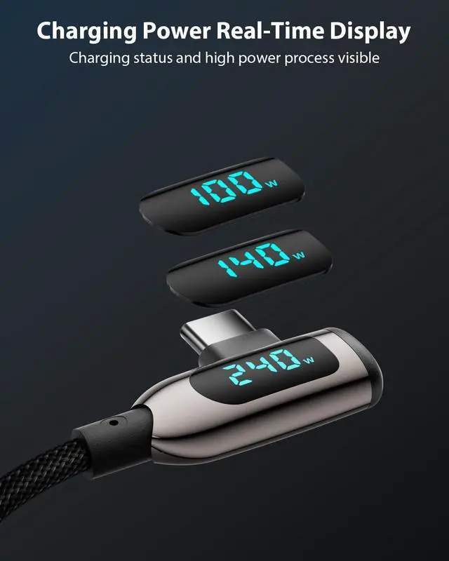 Alt view image 4 of 5 - VisionSync 240W Right Angle USB C to USB C Cable [6.6ft/2Pack],Nylon Braided Type C Fast Charging Cable with LED Display for lPhone 16/15 Pro Max, Galaxy S25/S24 Ultra, MacBook, Laptop,Black