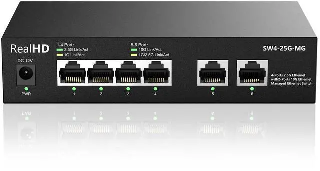Main image of 6-Port 10Gb Web Managed Ethernet Network Switch | 2 x 10Gb RJ-45 Ports | 4 x 2.5Gb Base-T Ports | Multi Gigabit Switch 10-100-1000Mbps | 60G Bandwidth | Fanless Metal Internet Switch