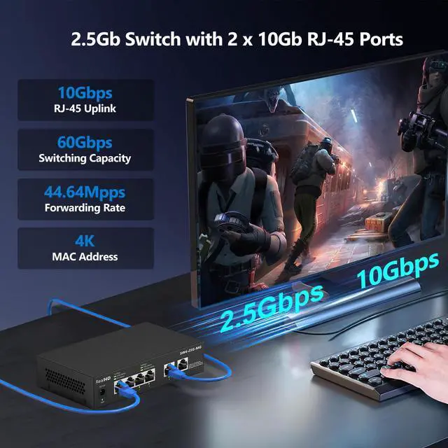 Alt view image 2 of 5 - 6-Port 10Gb Web Managed Ethernet Network Switch | 2 x 10Gb RJ-45 Ports | 4 x 2.5Gb Base-T Ports | Multi Gigabit Switch 10-100-1000Mbps | 60G Bandwidth | Fanless Metal Internet Switch