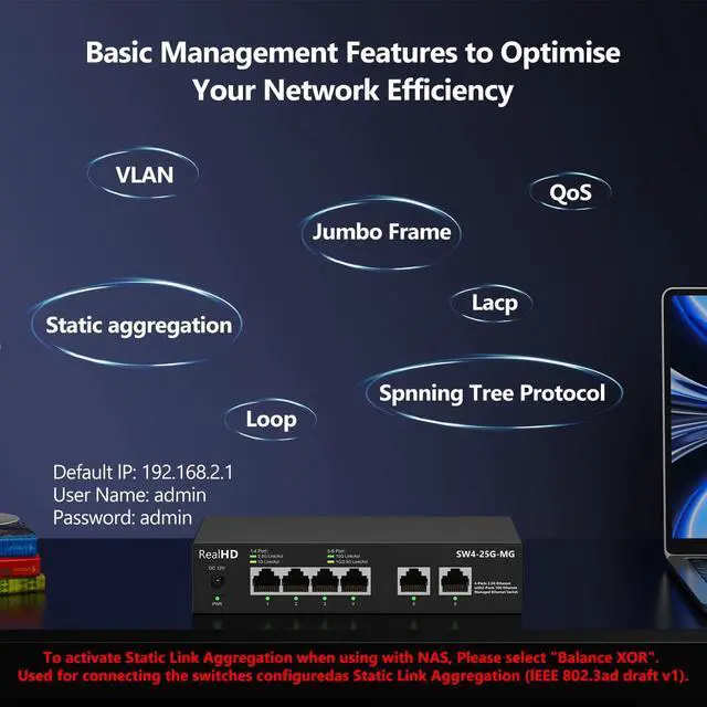Alt view image 4 of 5 - 6-Port 10Gb Web Managed Ethernet Network Switch | 2 x 10Gb RJ-45 Ports | 4 x 2.5Gb Base-T Ports | Multi Gigabit Switch 10-100-1000Mbps | 60G Bandwidth | Fanless Metal Internet Switch