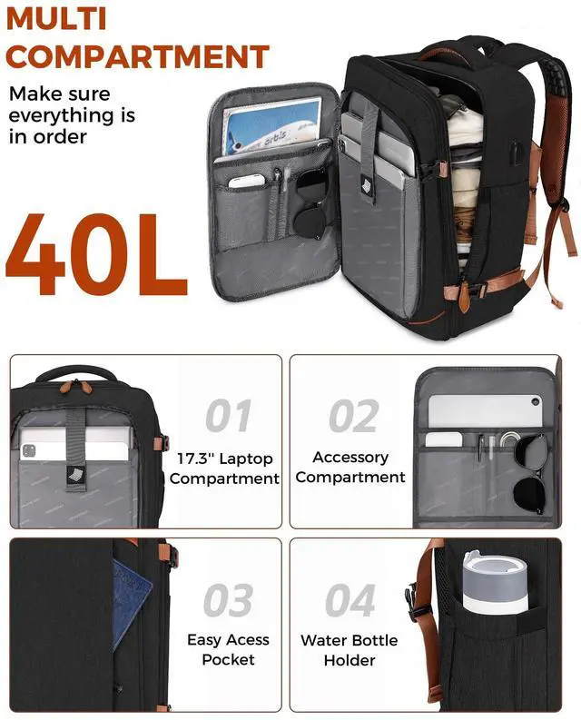 Alt view image 2 of 5 - Vancropak 40L Travel Backpack for Women & Men, Large Expandable Carry on Backpack for Airplanes with 3 Packing Cubes, Airline Approved Water Resistant Anti Theft Travel Bag fit 17" Laptop, Black Brown