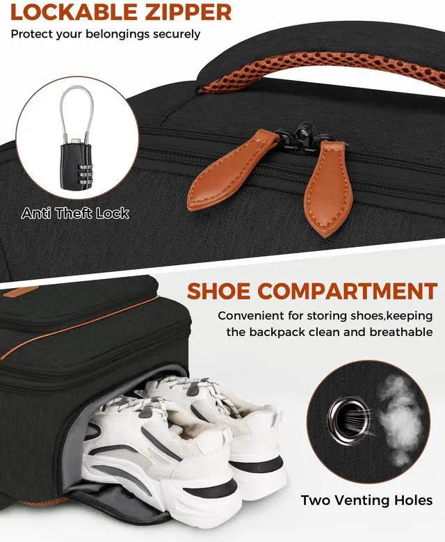 Alt view image 4 of 5 - Vancropak 40L Travel Backpack for Women & Men, Large Expandable Carry on Backpack for Airplanes with 3 Packing Cubes, Airline Approved Water Resistant Anti Theft Travel Bag fit 17" Laptop, Black Brown