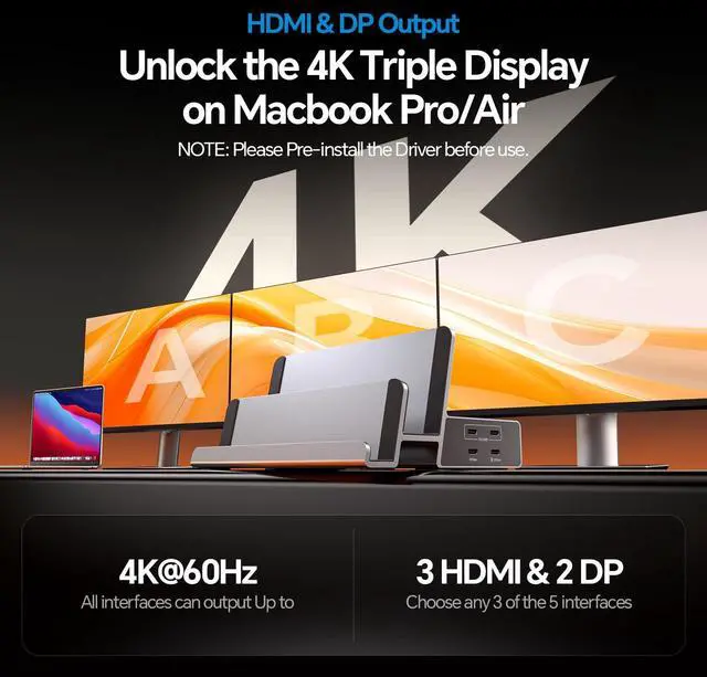 Alt view image 3 of 5 - PULWTOP Triple Display Docking Station with Dual Stand, 19-in-1 Laptop Docking Station 3 Monitor with 100W PD, 3 HDMI + 2 DP 4K, 2 USB-C, 2 USB-A Data/Charging, 2 USB-C PD, Ethernet (Driver Required)