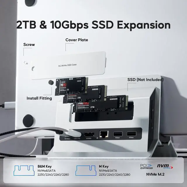 Alt view image 3 of 5 - Vertical MacBook Docking Station, PULWTOP Docking Station for Mac mini with M.2 NVMe case for MacBook Pro/Air, 4K@60Hz HDMI, 2USB C 10Gbps, SD/TF, 100W PD, RJ45, 2 USB A for Windows Sliver