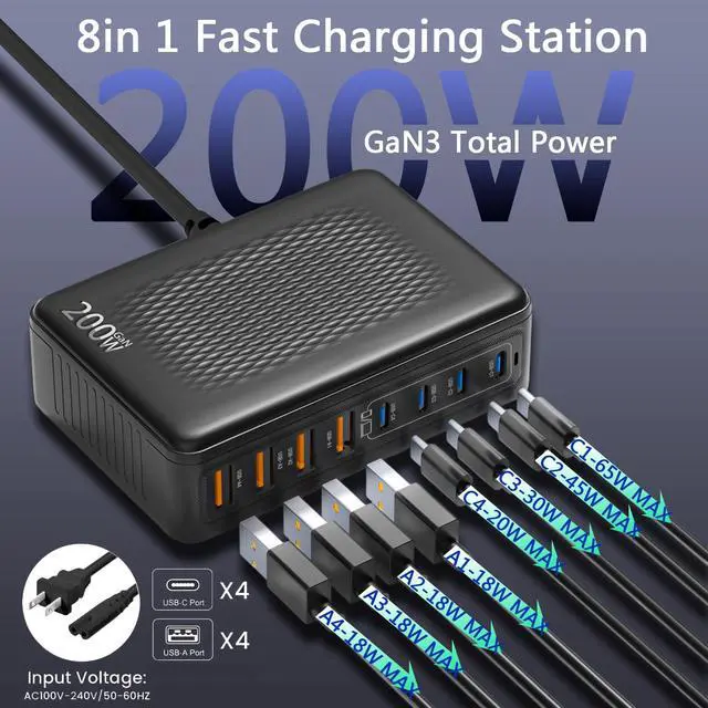 Alt view image 2 of 5 - 200W USB C Charger Block,Upgraded GaN III 8-Port Fast Charging Station Hub,PD 65W Laptop Charger Adapter Compatible with MacBook Pro/Air,DELL,Steam Deck,iPhone 16/15/14,Galaxy S23/22 etc (Black)