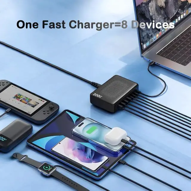 Alt view image 5 of 5 - 200W USB C Charger Block,Upgraded GaN III 8-Port Fast Charging Station Hub,PD 65W Laptop Charger Adapter Compatible with MacBook Pro/Air,DELL,Steam Deck,iPhone 16/15/14,Galaxy S23/22 etc (Black)
