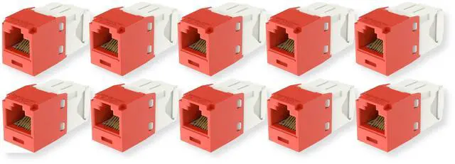Main image of CJ688TGRD Pack of 10 Category 6 TX6 Plus Mini-Com UTP Jack Modules, Red, TG Style, Toolless, RJ45 Ethernet High Performance Network Module, T568A/T568B Wiring