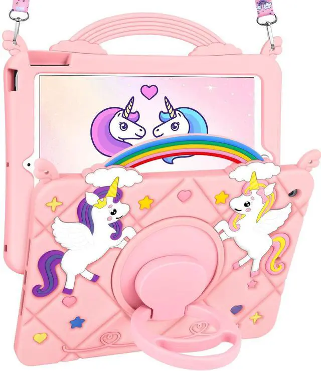 Main image of Uppuppy for iPad 9th/8th/7th Generation Case 10.2 Inch - Cute Girls Kawaii Girly 3D Cartoon Teen Case with Rotating Stand & Strap Soft Silicone PK Unicorn Cover for iPad 7/8/9 Gen 2021 2020 2019 Funda