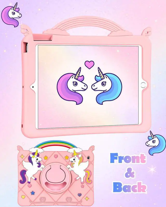 Alt view image 4 of 5 - Uppuppy for iPad 9th/8th/7th Generation Case 10.2 Inch - Cute Girls Kawaii Girly 3D Cartoon Teen Case with Rotating Stand & Strap Soft Silicone PK Unicorn Cover for iPad 7/8/9 Gen 2021 2020 2019 Funda
