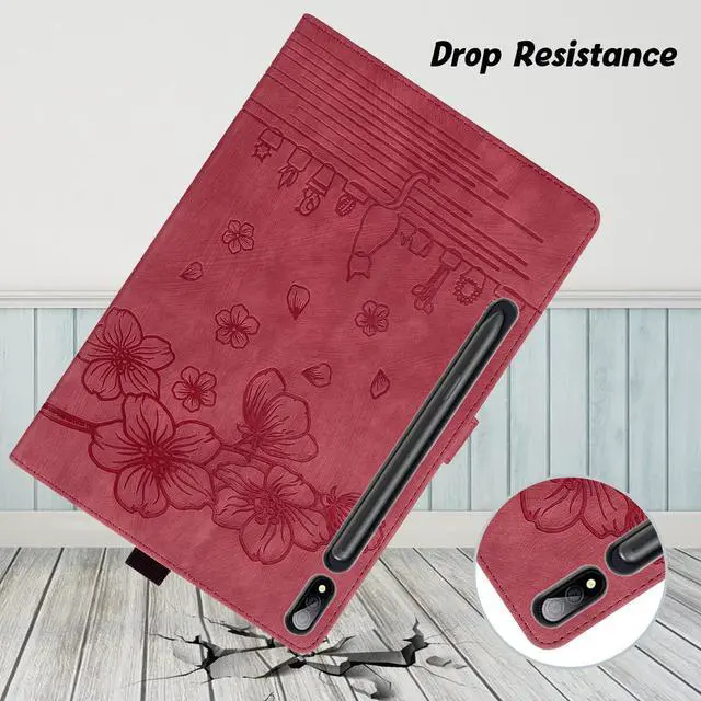 Alt view image 2 of 5 - Case for Samsung Galaxy Tab S10 FE Plus 13.1 Inch 2025 SM-X620 X626B, Premium PU Leather with Blossom Pattern Flip Cover with Shockproof TPU Multi-Angle Stand & Card Holder Tablet Case, WineRed