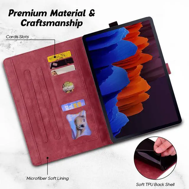 Alt view image 3 of 5 - Case for Samsung Galaxy Tab S10 FE Plus 13.1 Inch 2025 SM-X620 X626B, Premium PU Leather with Blossom Pattern Flip Cover with Shockproof TPU Multi-Angle Stand & Card Holder Tablet Case, WineRed