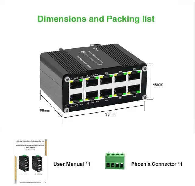 Alt view image 4 of 5 - Mini Industrial 10-Port Gigabit PoE+ Switch with 2 Uplink Ports, IEEE 802.3af/at 30W, 12~48V DC Redundant Power Input, Booster Function, Up to 240-watt PoE Budget, Din Rail Mount