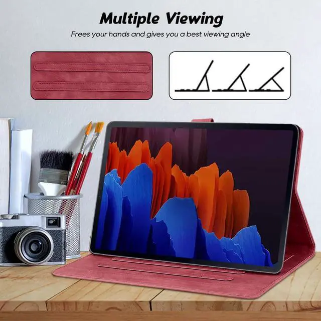 Alt view image 4 of 5 - Case for Samsung Galaxy Tab S10 FE Plus 13.1 Inch 2025 SM-X620 X626B, Premium PU Leather with Blossom Pattern Flip Cover with Shockproof TPU Multi-Angle Stand & Card Holder Tablet Case, WineRed