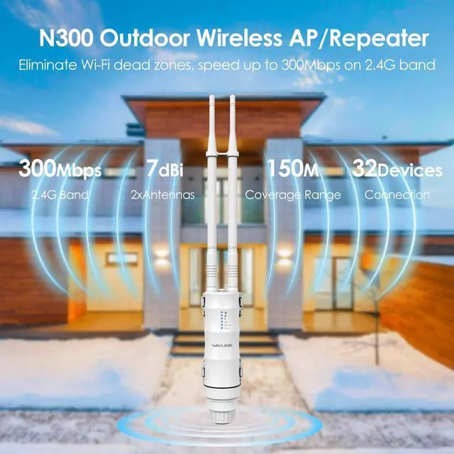 Alt view image 2 of 5 - N300 Outdoor WiFi Extender Signal Booster, WAVLINK Access Point/Repeater/Range Extender with Passive PoE, 15KV ESD, 4KV Lightning Protection, Support AP/Repeater/Router Mode for Farm,Yard